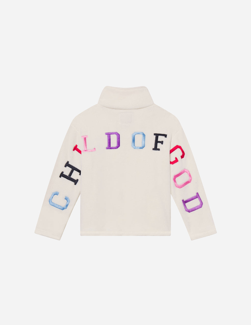 Cream oversized Child of God fleece kids pullover with embroidery, made of soft polyester fleece