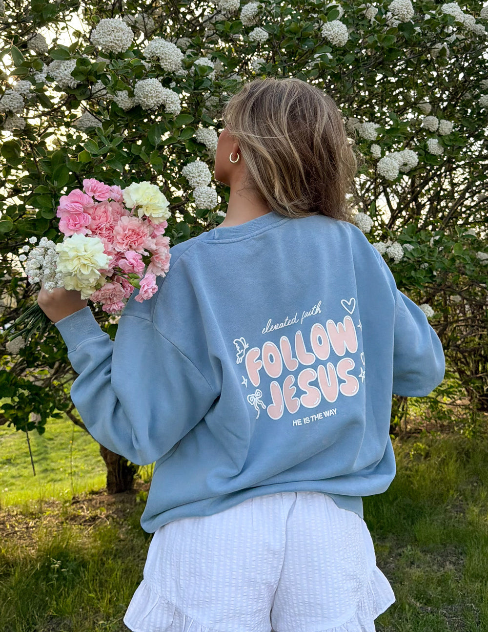 Bluebell Follow Jesus Unisex Crewneck with John 1:51b scripture and puff print design