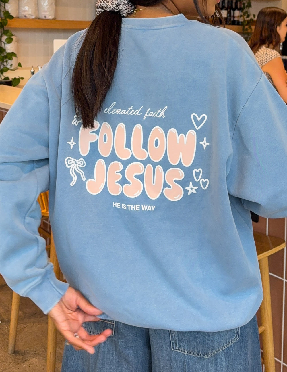Bluebell Follow Jesus unisex crewneck sweatshirt with puff print and relaxed fit