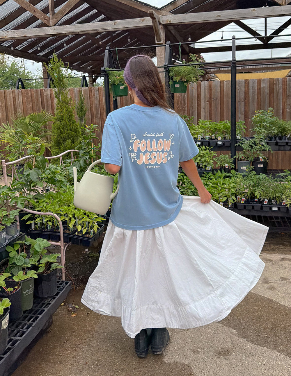 Bluebell Follow Jesus unisex tee with John 1:51b scripture and puff print design