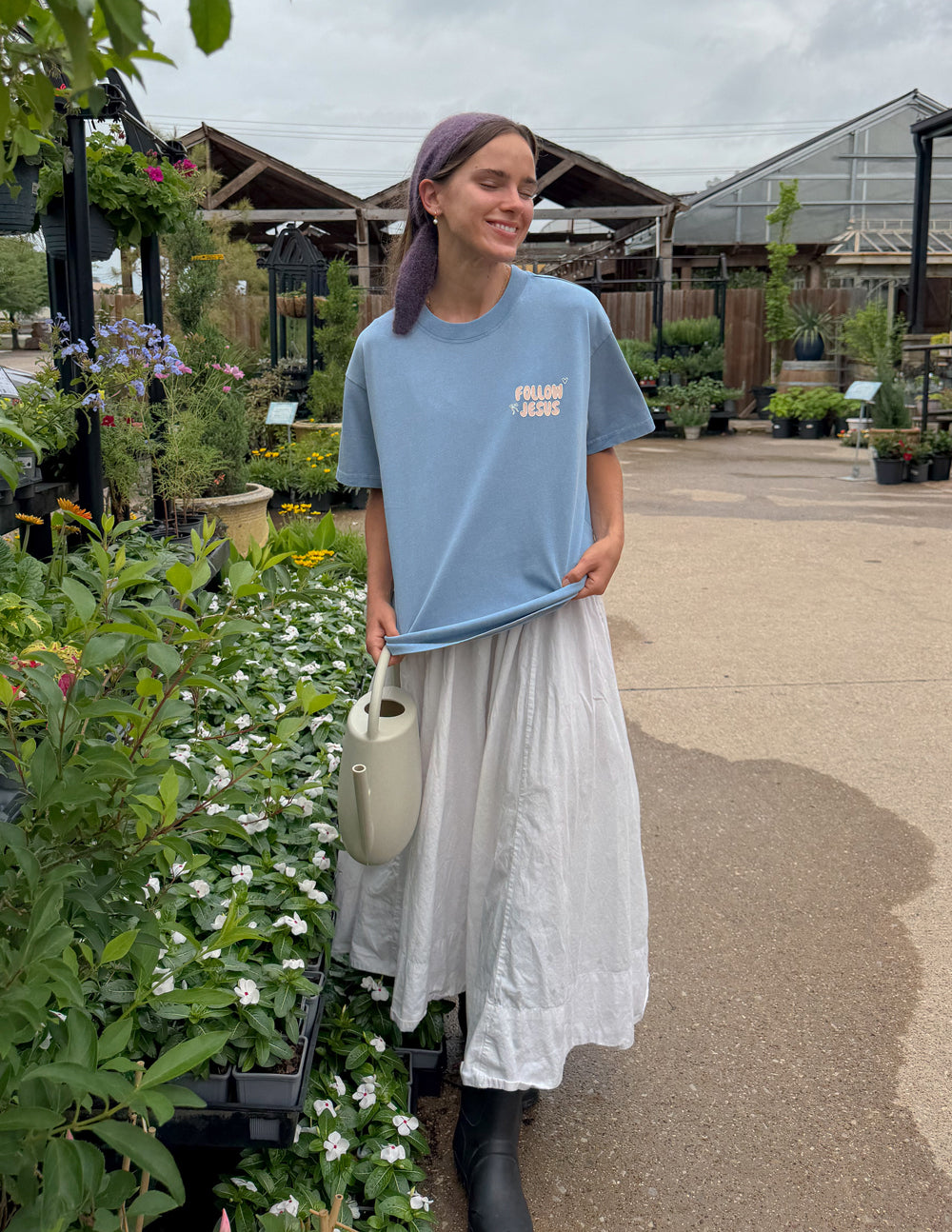 Bluebell Follow Jesus Unisex Tee with John 1:51b scripture and puff print, oversized fit on model