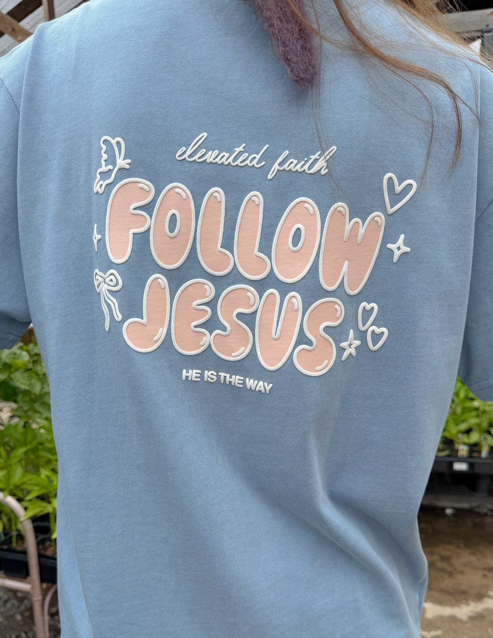Bluebell Follow Jesus Unisex Tee with puff print and oversized fit on model