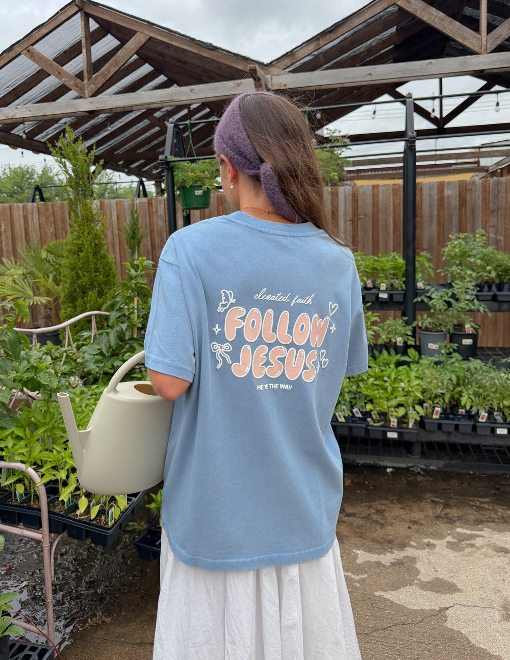 Bluebell Follow Jesus Unisex Tee with John 1:51b scripture and puff print on oversized cotton shirt