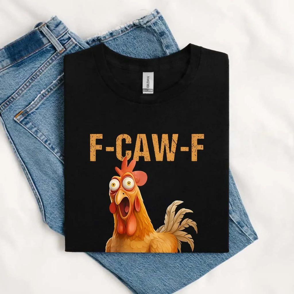 Funny F-Caw-F Rooster graphic on unisex cotton t-shirt for casual humor and comfort
