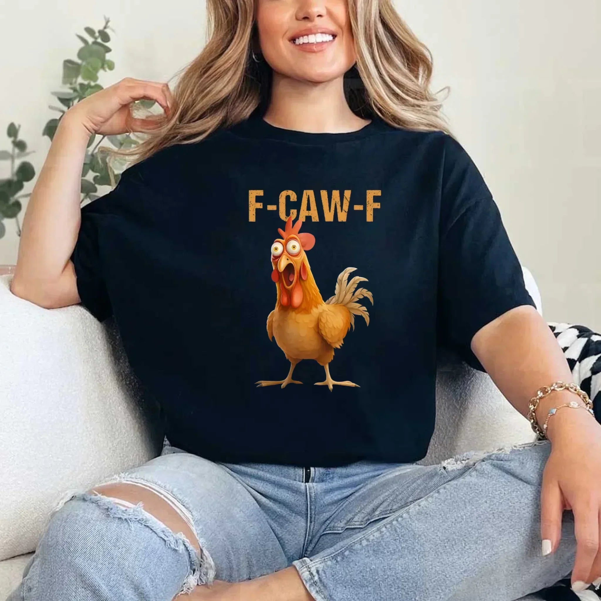 Funny F-Caw-F Rooster graphic on unisex soft cotton t-shirt with humorous farm theme