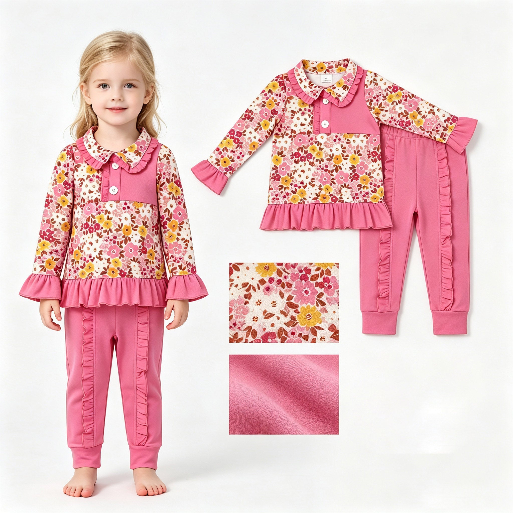 Long sleeves floral pullover ruffle pants girls fall clothes