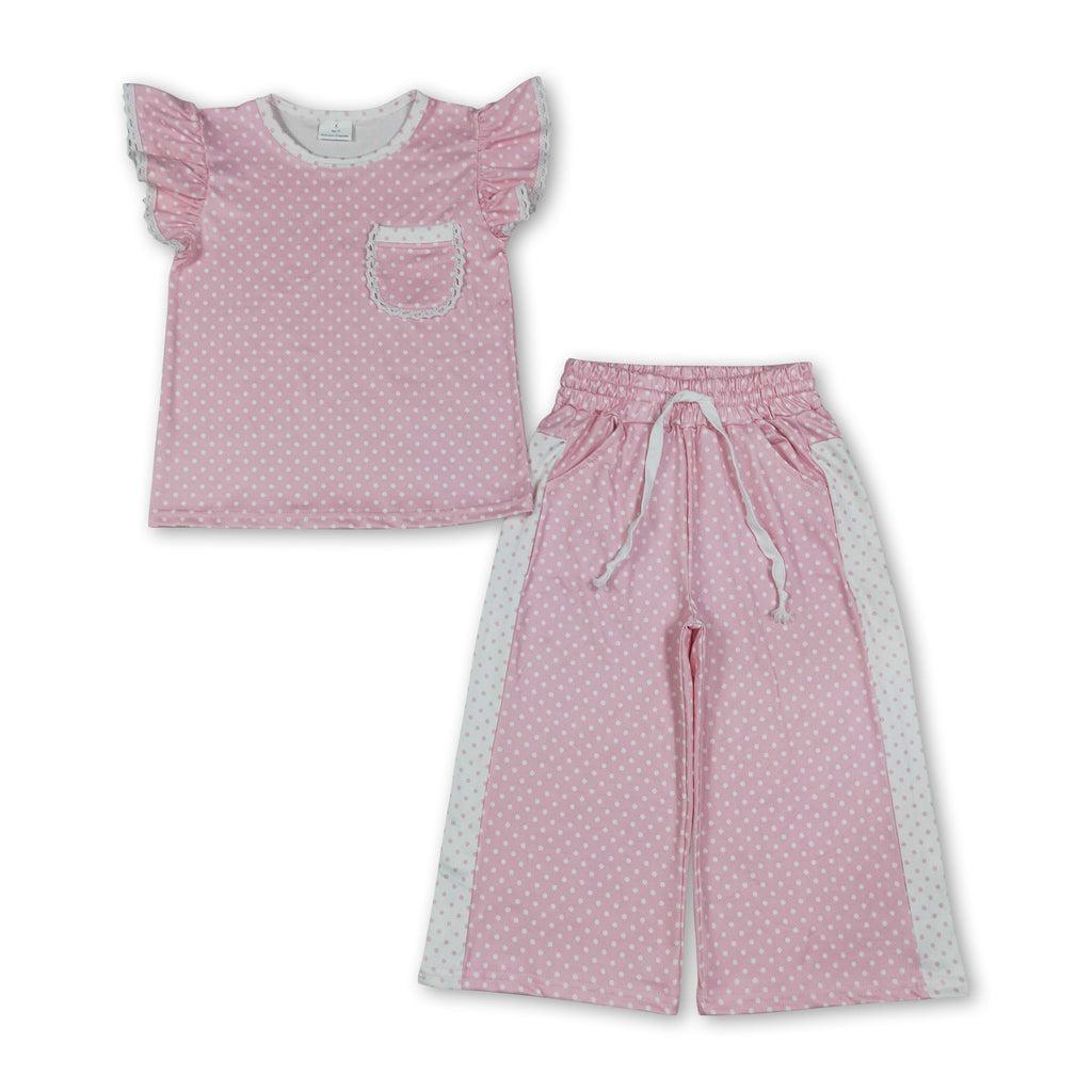 Pink polka dots flutter sleeves top pants girls outfits