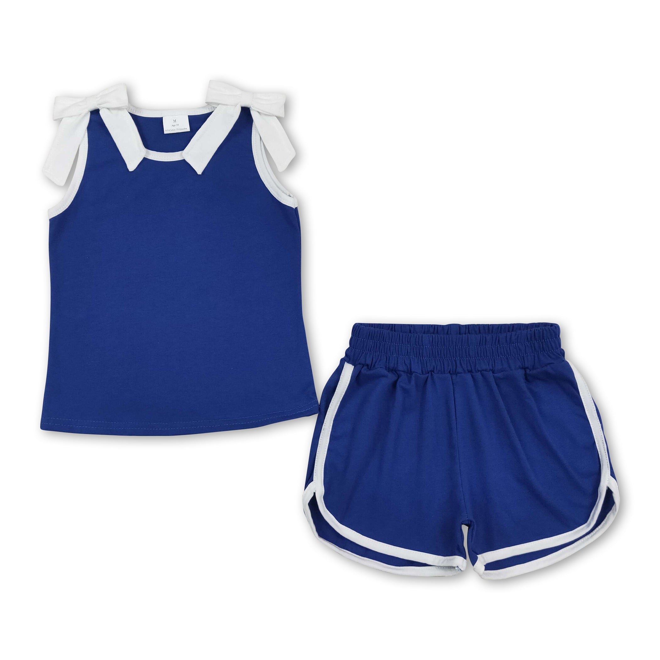 Sleeveless white bow blue top shorts team girls outfits