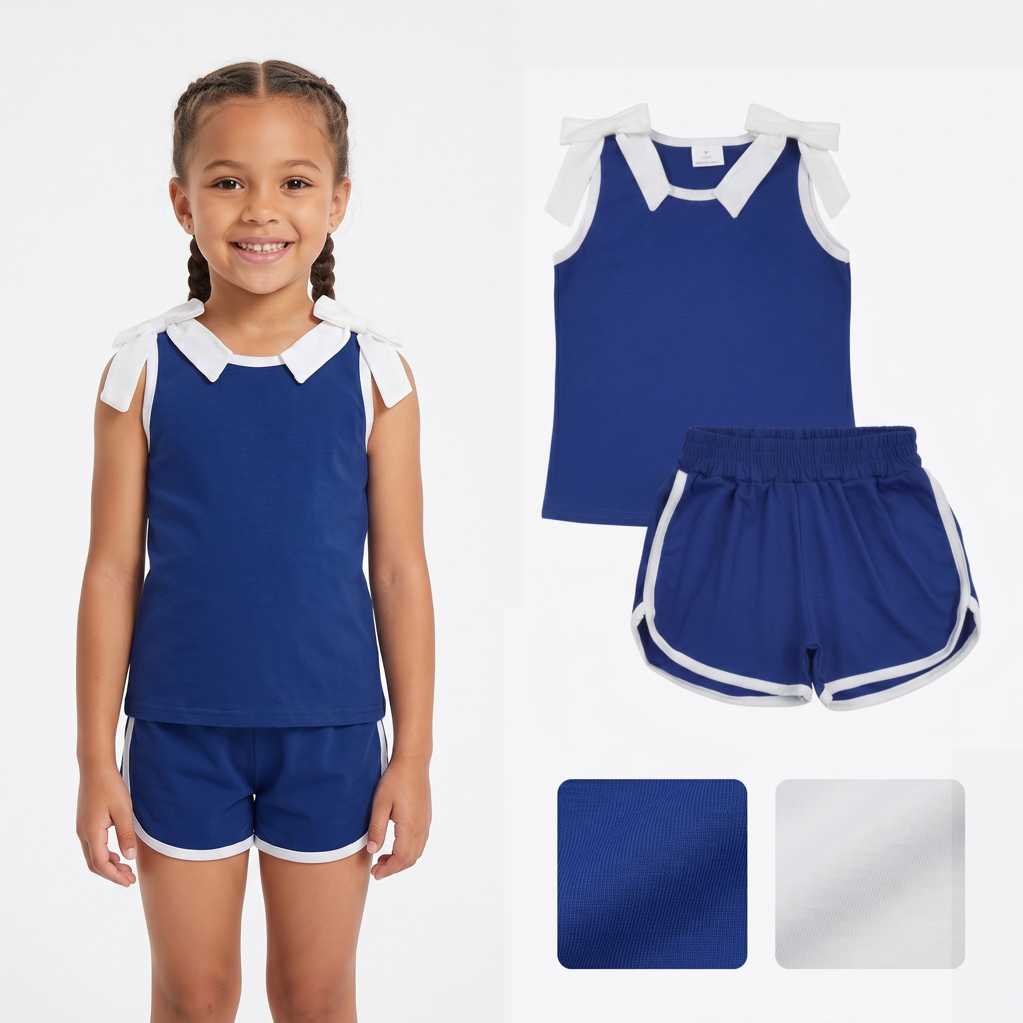 Sleeveless white bow blue top shorts team girls outfits