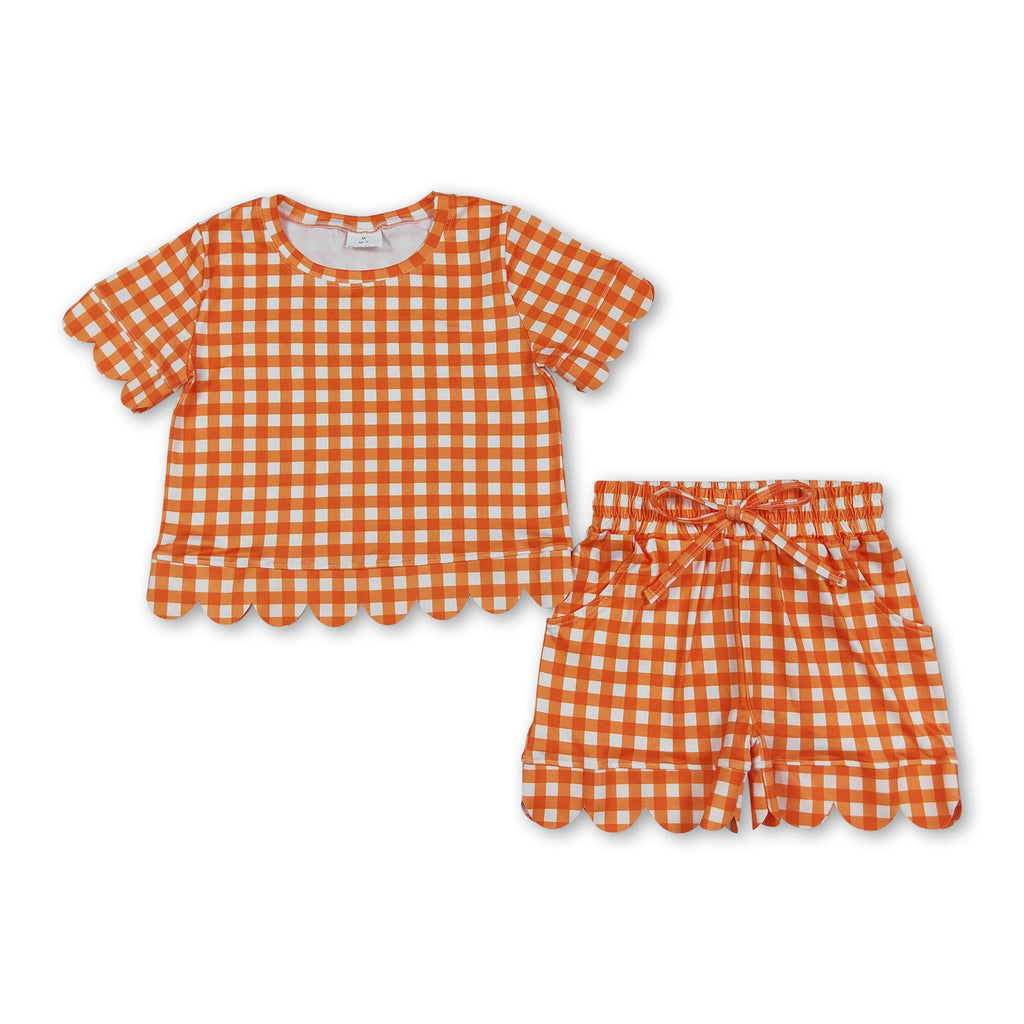 Short sleeves orange plaid scallop top shorts girls team outfits