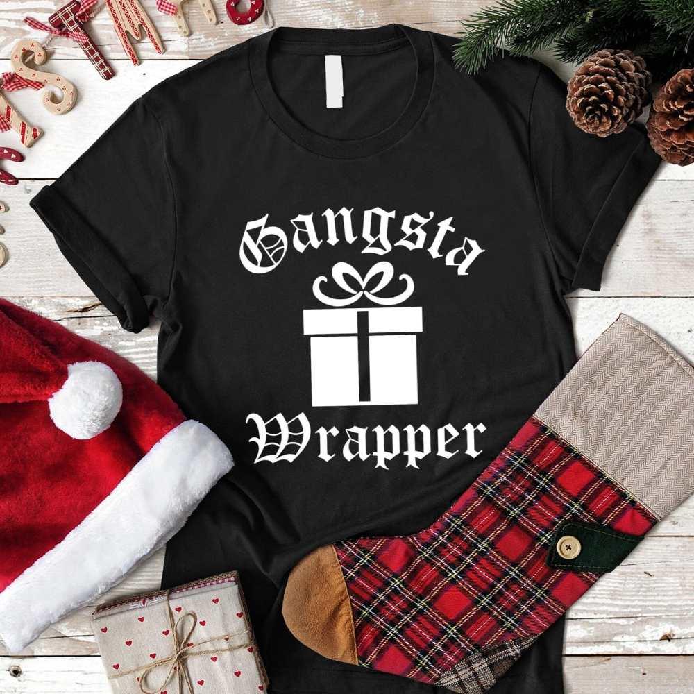 Gangsta Wrapper Christmas Tee with funny holiday pun on soft cotton unisex shirt