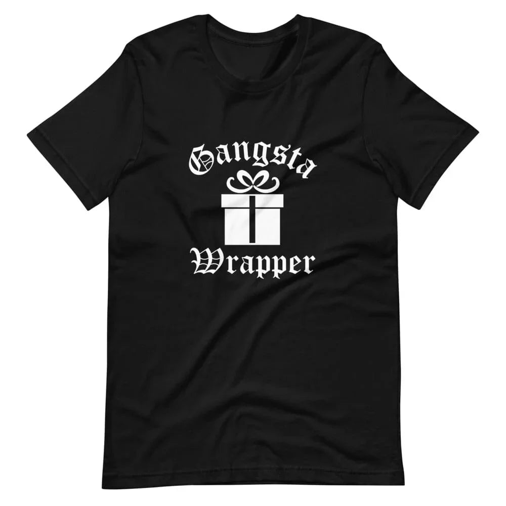 Gangsta Wrapper Christmas Tee with funny holiday pun and festive design on soft cotton unisex shirt