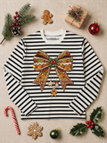 Gingerbread Bow Christmas Graphic Long Sleeve Striped Edgy Shirt