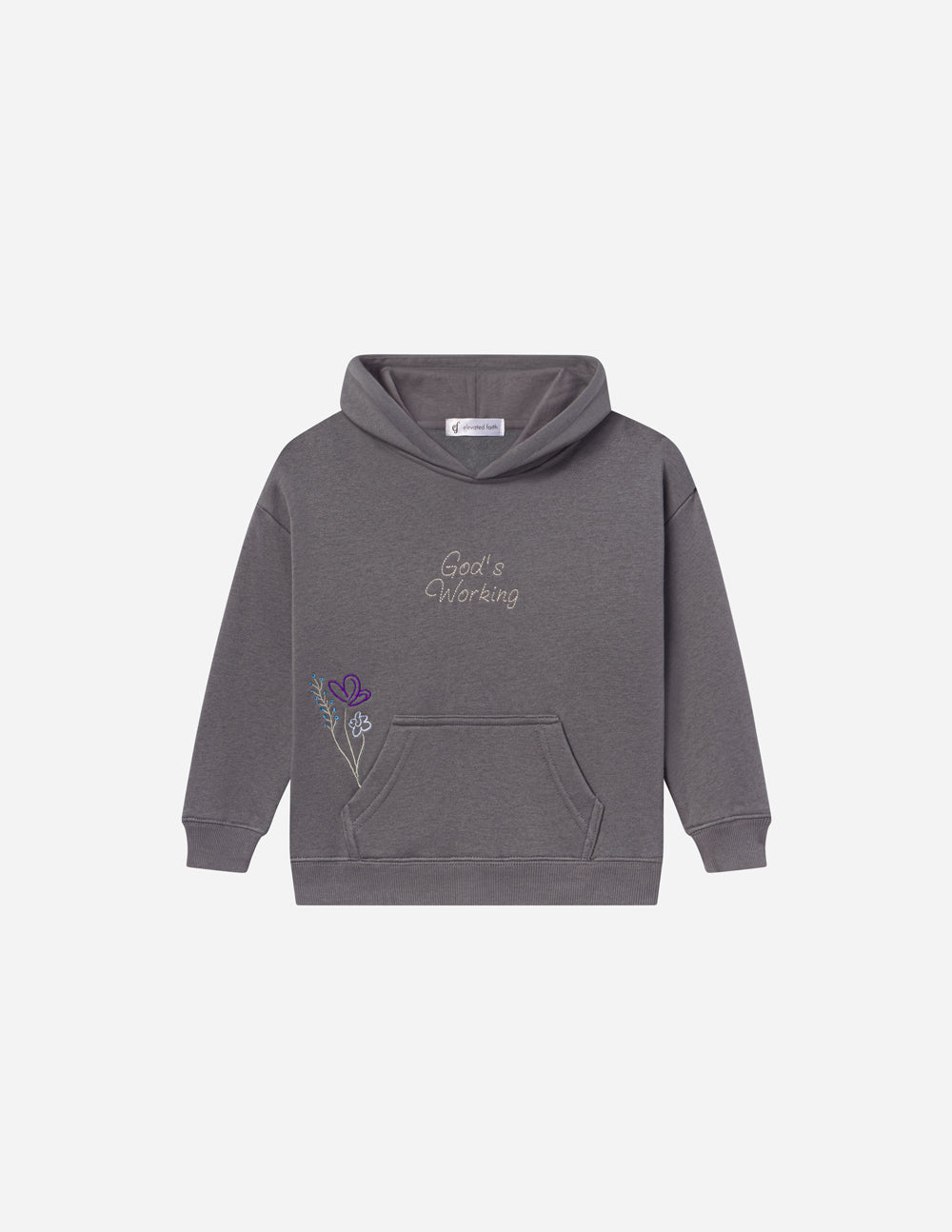 Child wearing Sedona Sage God's Still Working oversized kids hoodie with embroidered Psalm 138:8 design