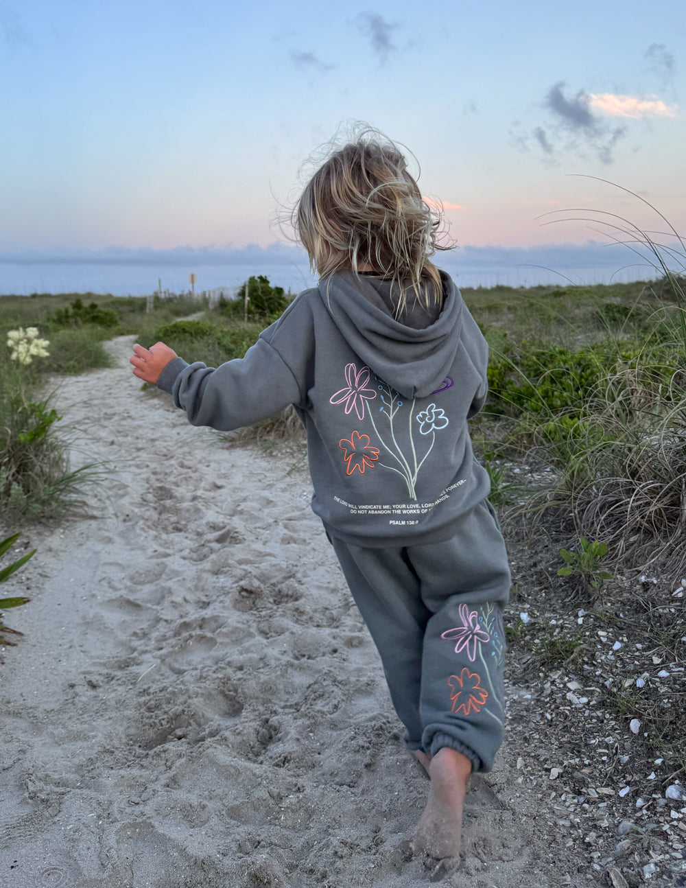 Kids oversized hoodie in Sedona Sage with Psalm 138:8 embroidery, super soft fabric.