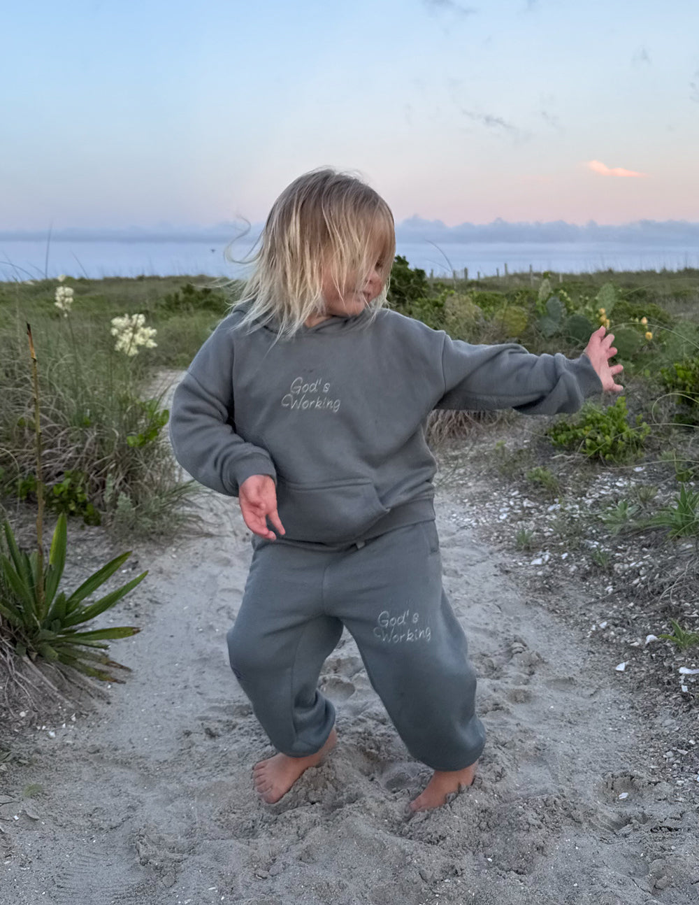 Kids oversized Sedona Sage hoodie with Psalm 138:8 embroidery, super soft fabric