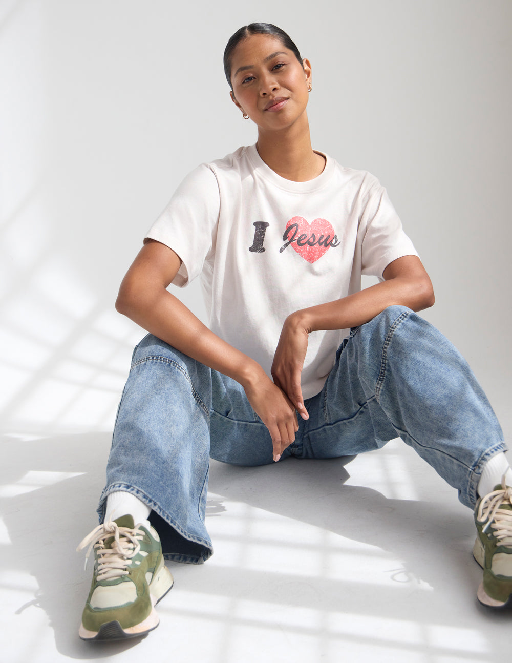 I Love Jesus cropped women's tee in temple grey, soft 100% cotton, relaxed fit with dropped shoulders, featuring Matthew 22:37 quote