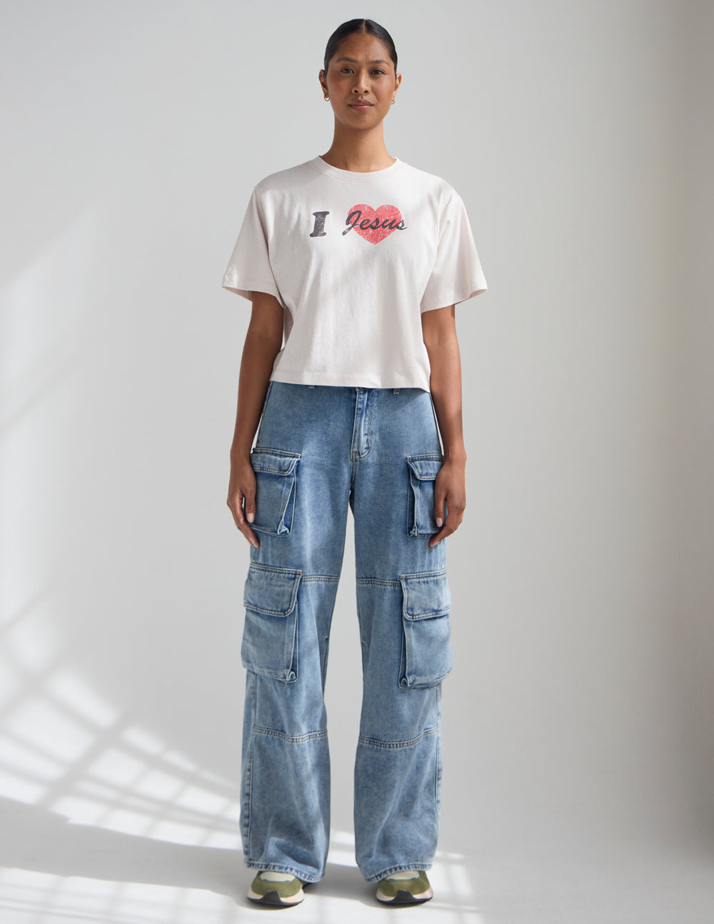 Women's I Love Jesus Cropped Tee in temple grey, 100% cotton, soft and breathable fit