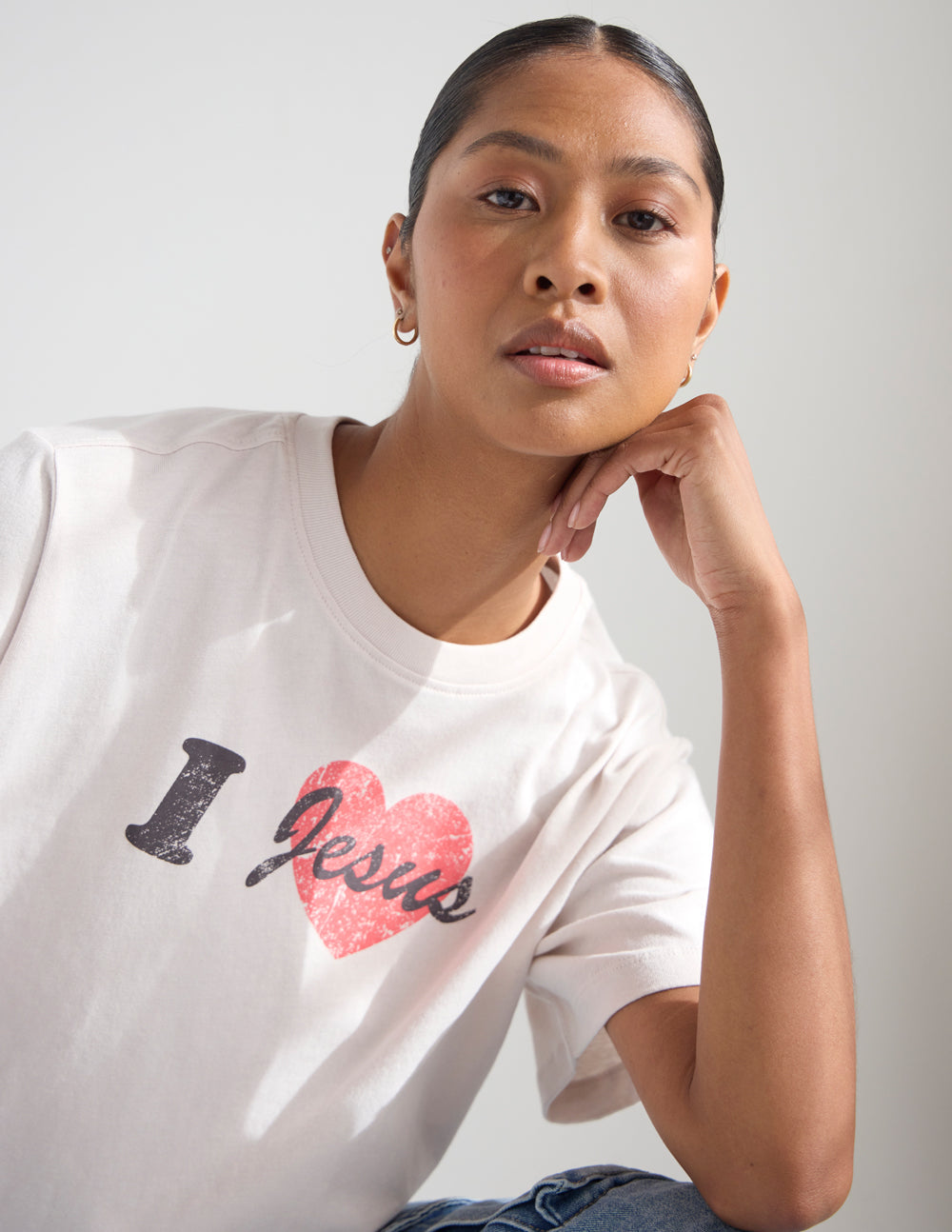 I Love Jesus Cropped Women's Tee in temple grey, soft 100% cotton cropped tee with relaxed fit and dropped shoulders