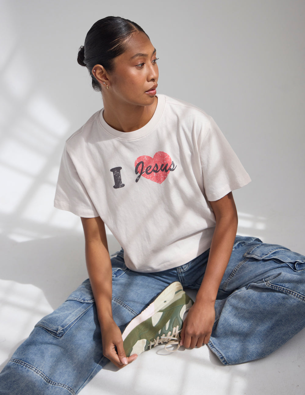 I Love Jesus cropped women's tee in temple grey, soft 100% cotton, relaxed fit with dropped shoulders