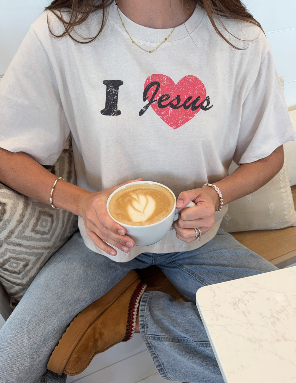 I Love Jesus cropped women's tee in temple grey, soft 100% cotton with relaxed fit and dropped shoulders