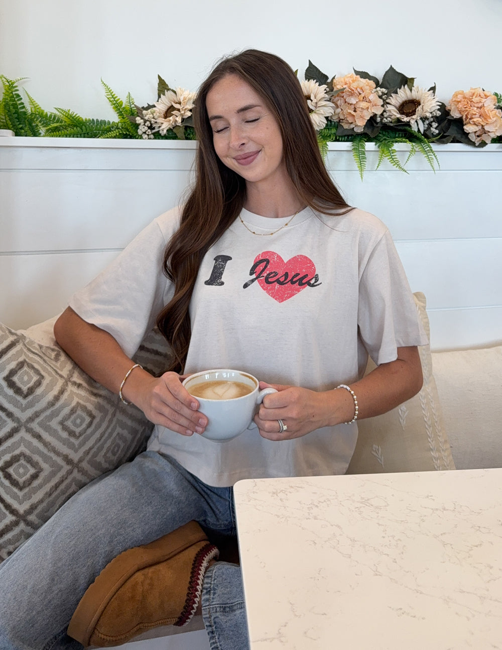 I Love Jesus cropped women's tee in temple grey, soft 100% cotton with relaxed fit and dropped shoulders