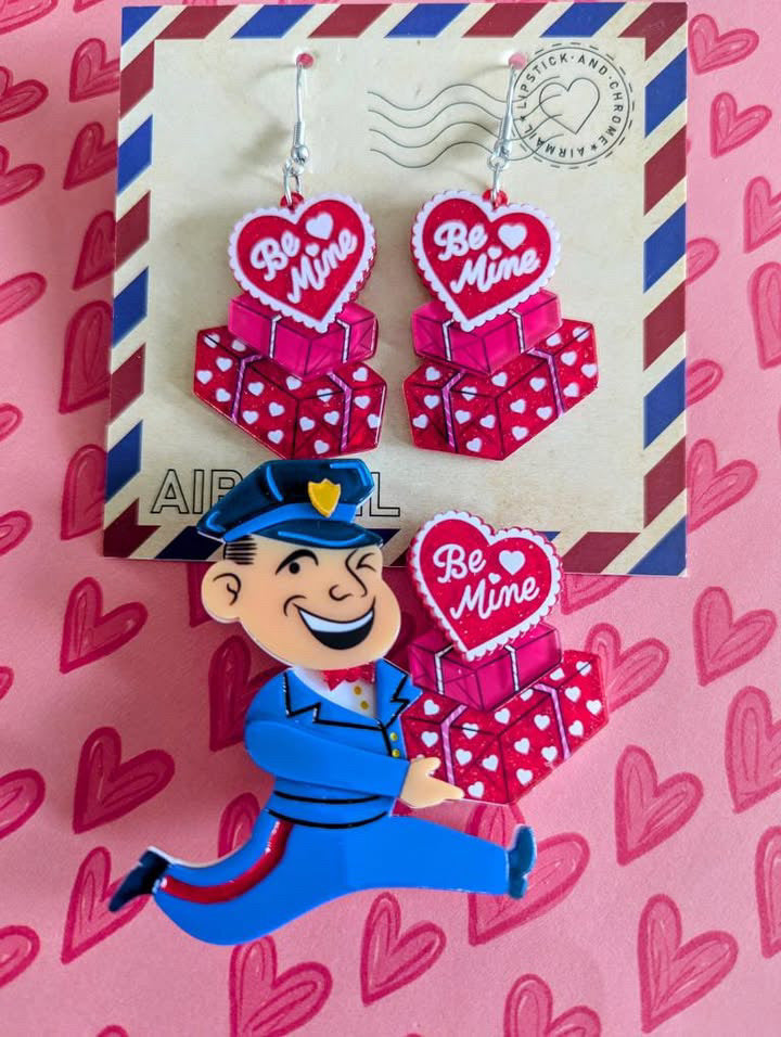 Valentine's Happy Mail Brooch & Earrings Set by 50's Vintage Dame x Lipstick & Chrome — Retro Love Letter Gift Set