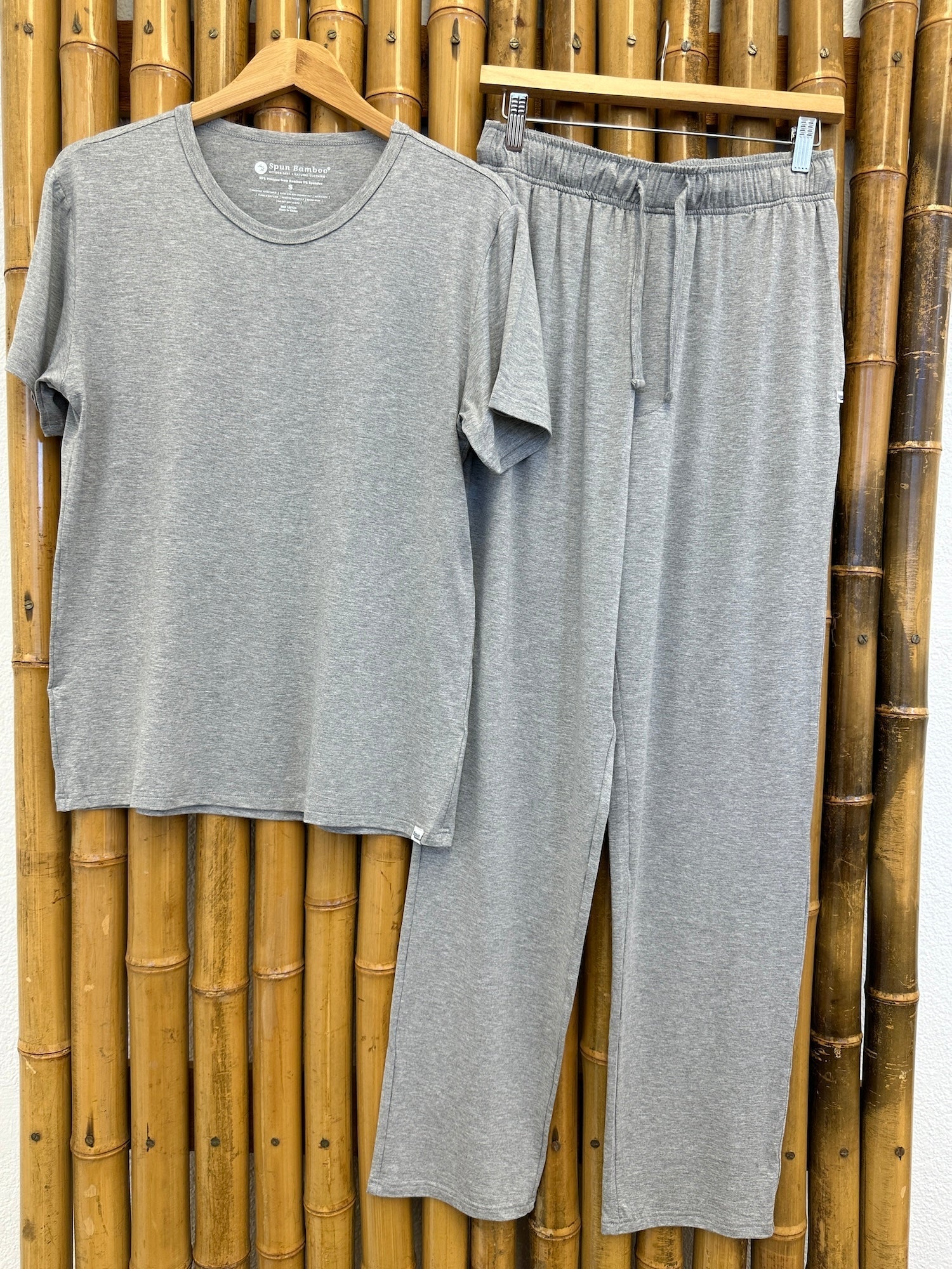 Men's soft bamboo pajama set with short sleeve top and pants for breathable comfort and stretchable fit