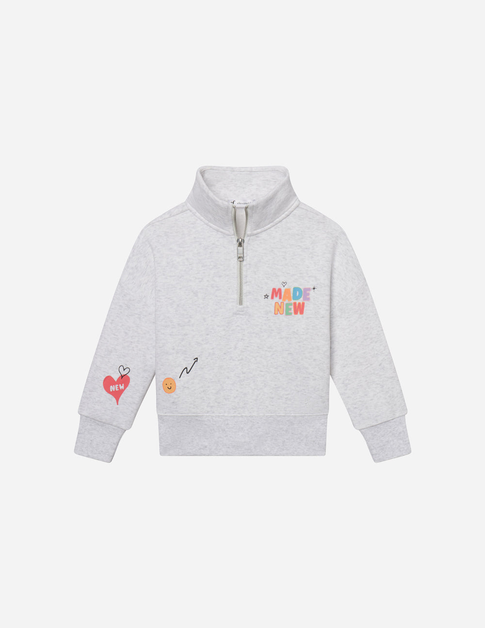 Heather grey Made New kids half-zip pullover fleece with EF logo zipper and embroidery, oversized fit