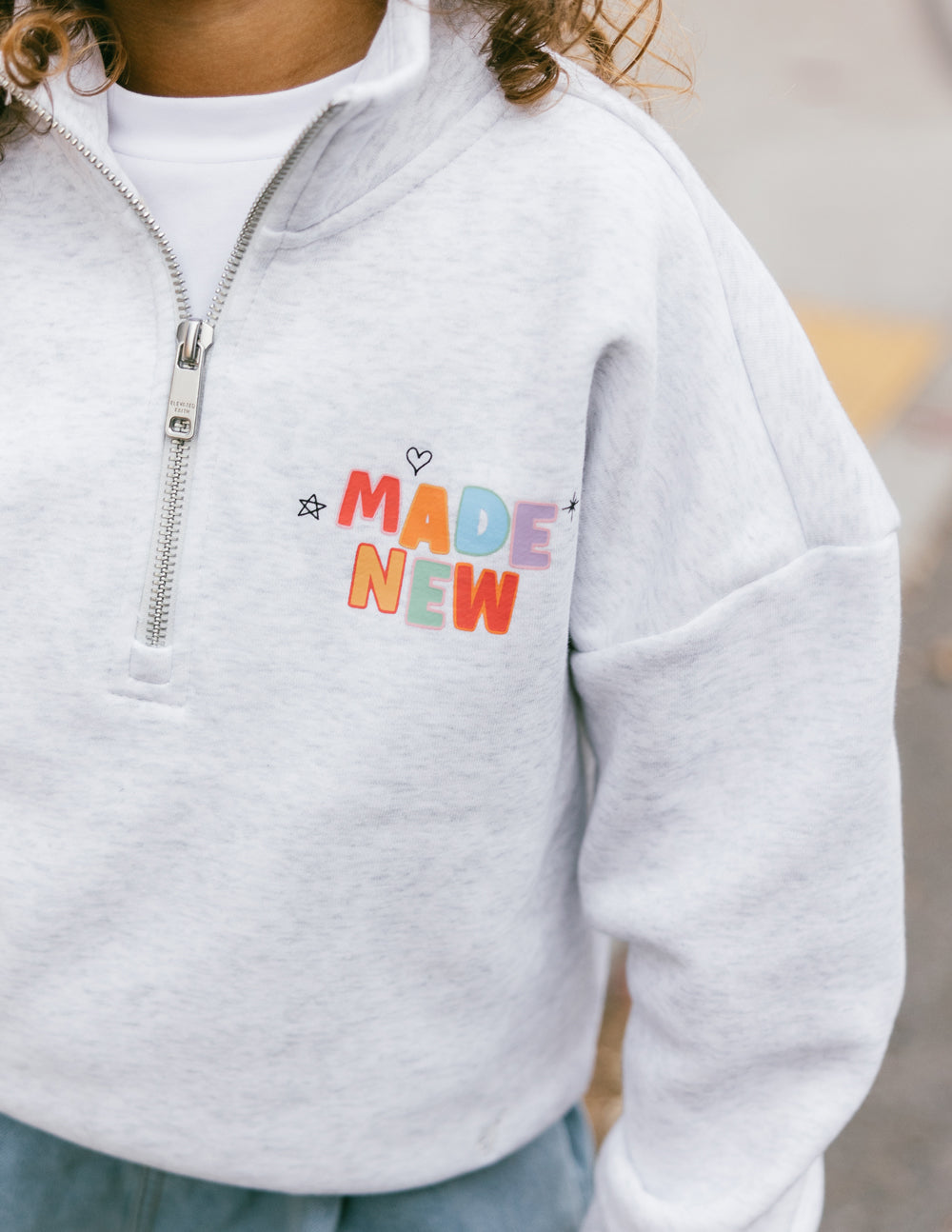 Heather grey Made New Kids Half-Zip with oversized fit and EF logo embroidery