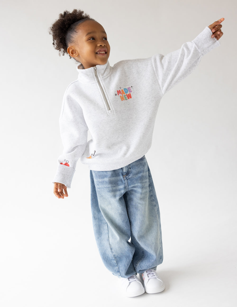 Made New Kids Half-Zip in heather grey fleece with oversized fit and EF logo zipper