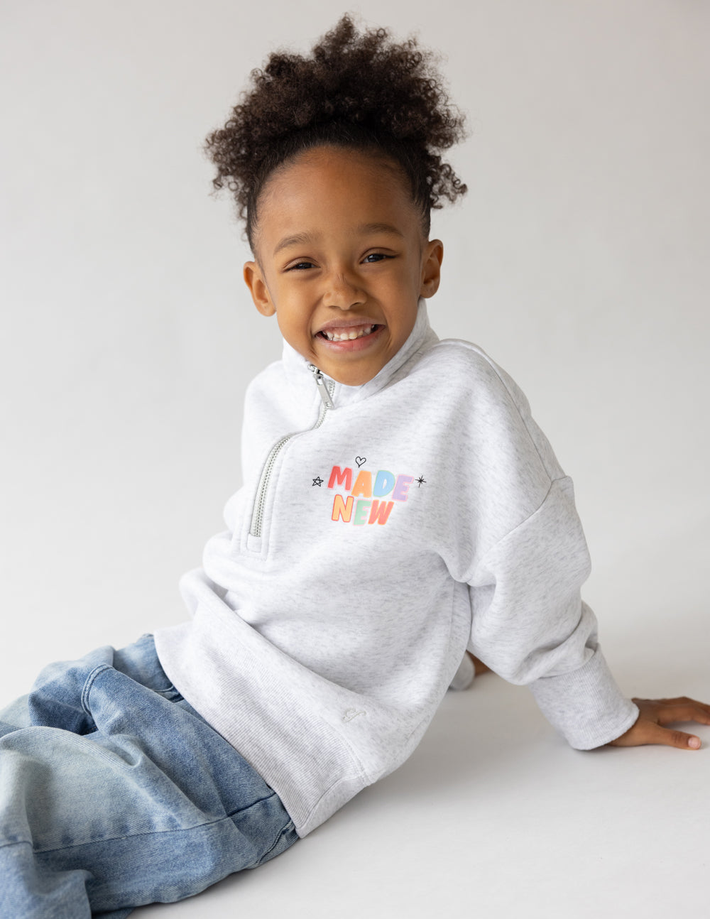 Kids cozy heather grey Made New half-zip fleece with oversized fit and EF logo zipper