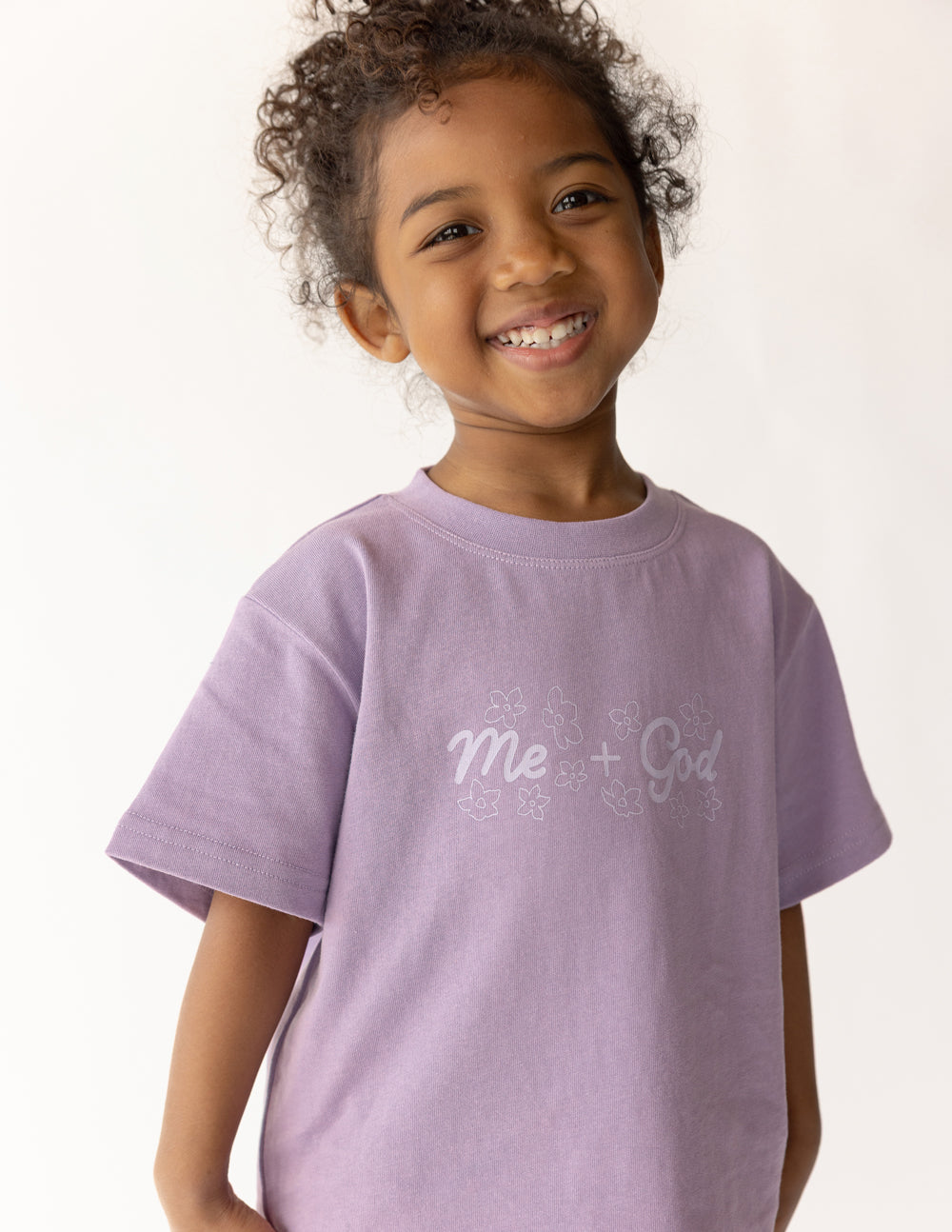 Kids oversized Me Plus God tee in quiet violet, 100% cotton, super soft and pre-shrunk
