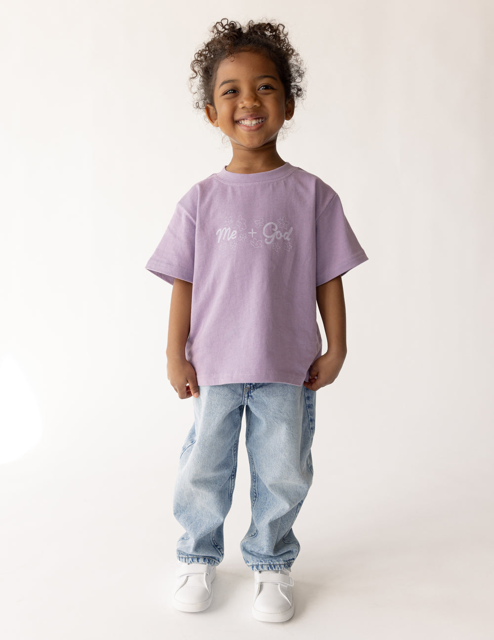 Kids oversized Me Plus God tee in quiet violet, super soft 100% cotton