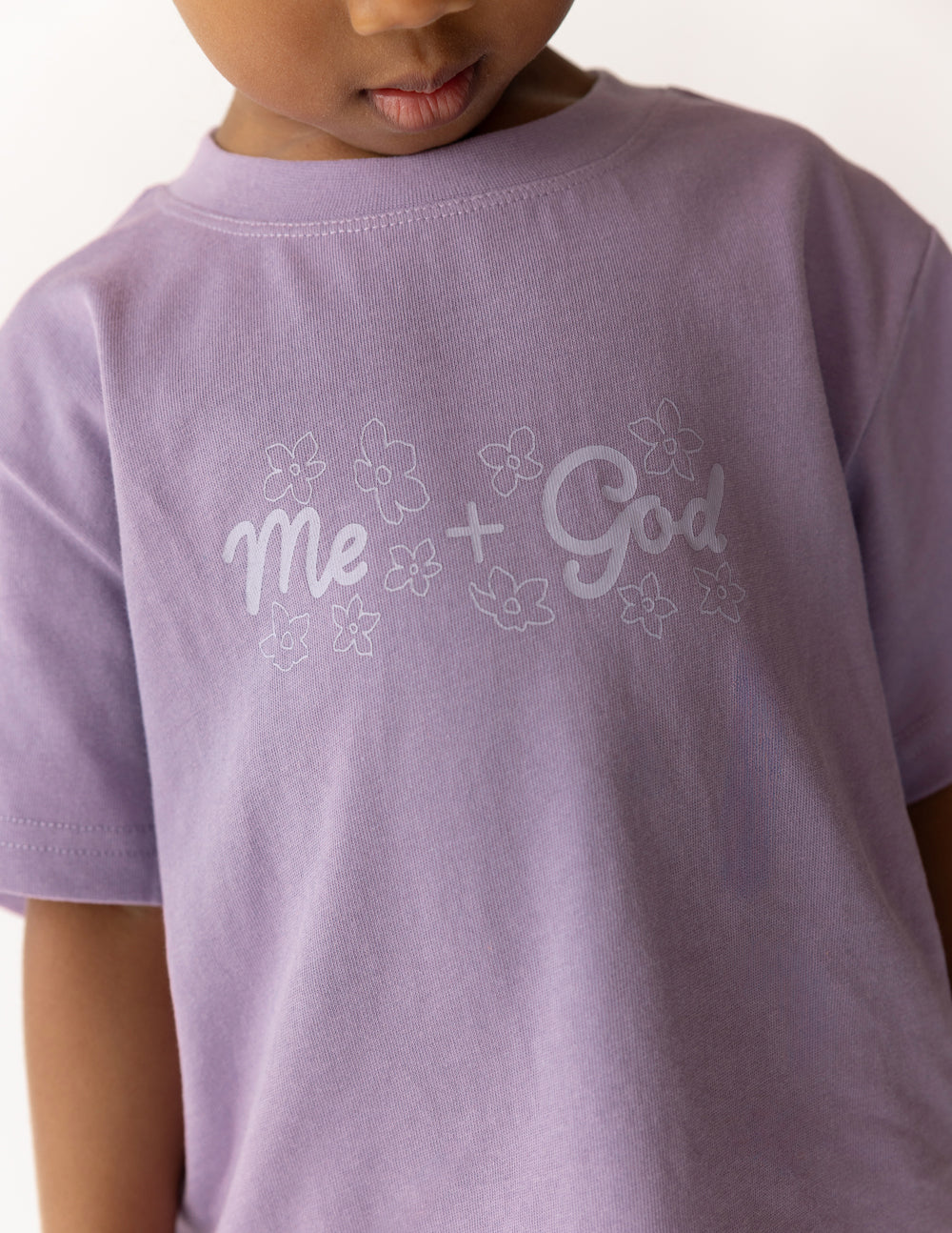 Kids oversized Me Plus God tee in quiet violet, 100% cotton, super soft and pre-shrunk