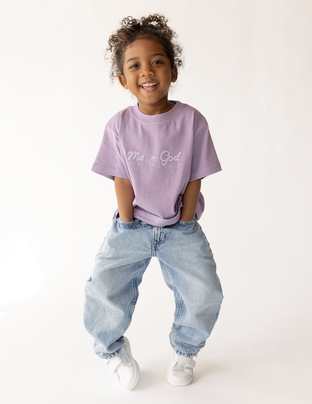 Kids oversized Me Plus God tee in quiet violet, 100% cotton, super soft and pre-shrunk