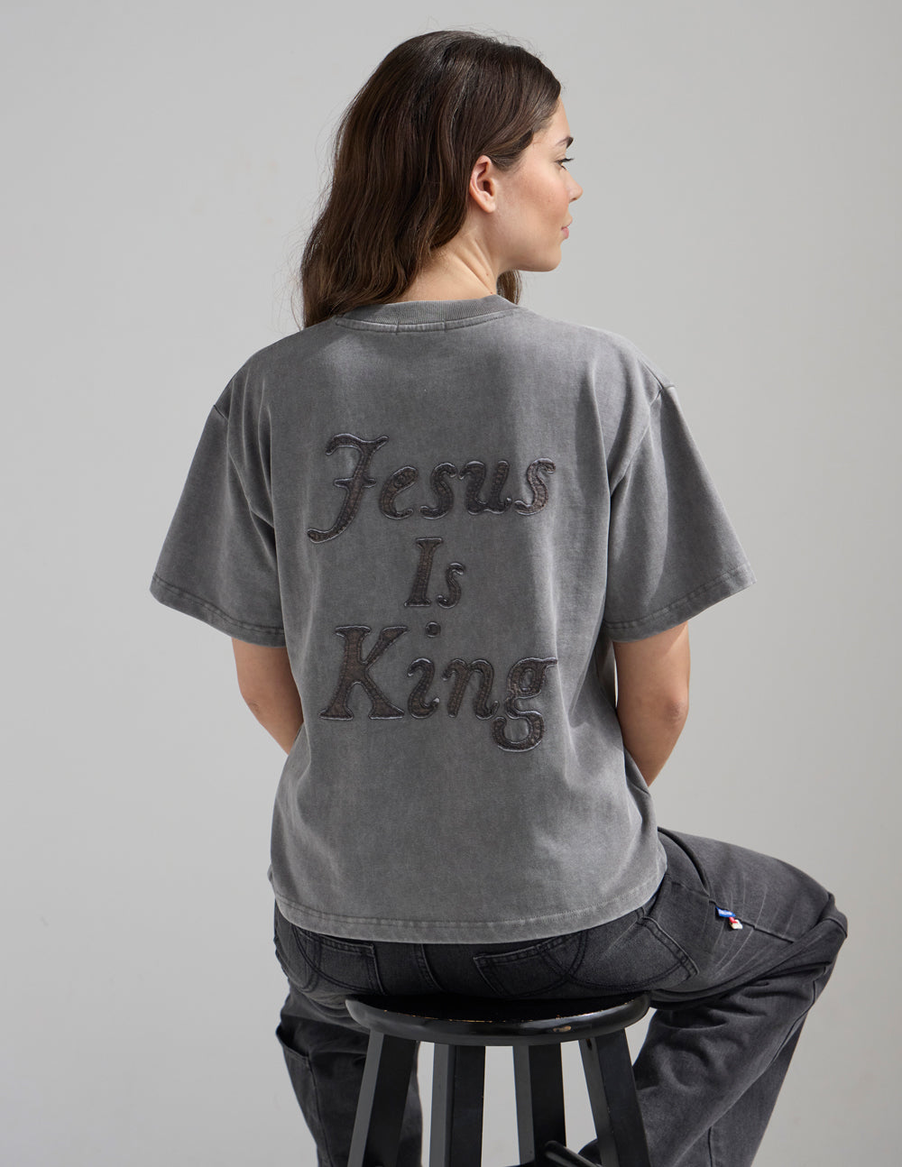 Not Sorry Jesus Is King heavyweight grey cotton tee with embroidered bold lettering and relaxed fit