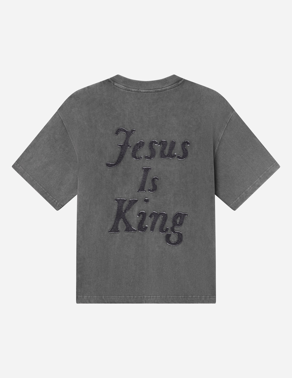 Not Sorry Jesus Is King heavyweight tee in spire grey with embroidered strikethrough and oversized appliqué lettering, made from 320 GSM cotton for a premium, comfortable fit