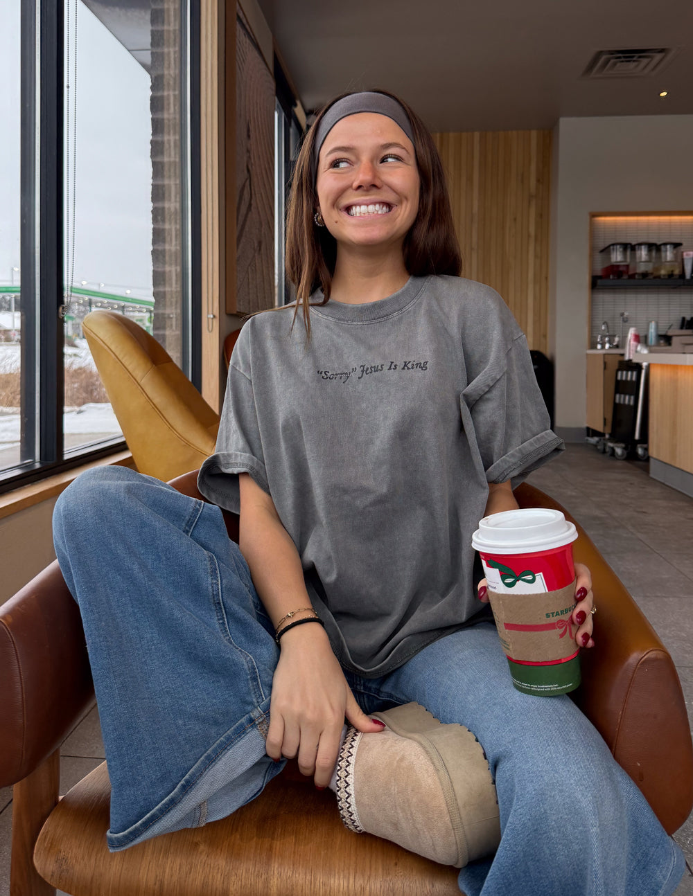 Not Sorry Jesus Is King heavyweight tee in spire grey with embroidered strikethrough and oversized appliqué lettering, premium cotton boxy fit
