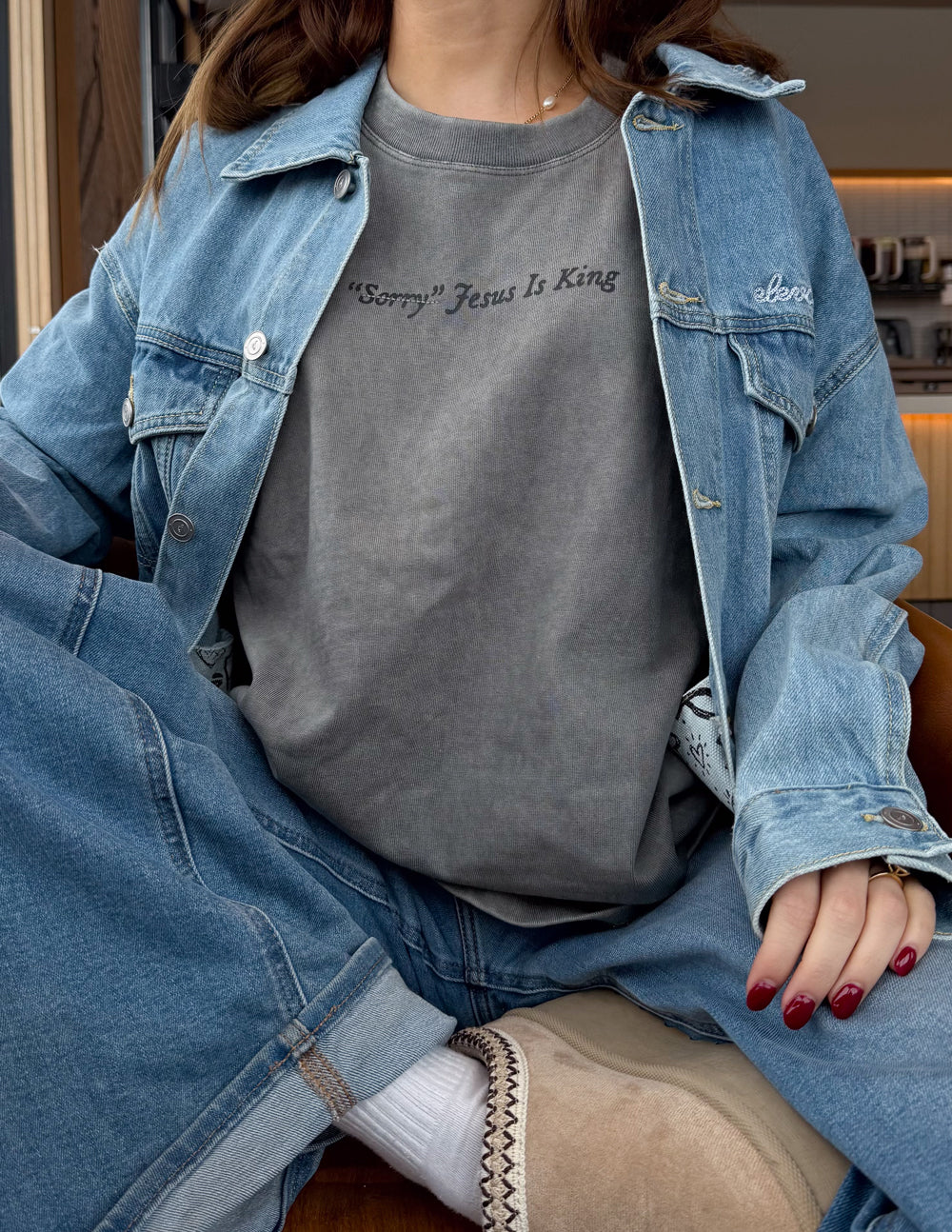 Not Sorry Jesus Is King heavyweight cotton tee with embroidered front and oversized back lettering in spire grey