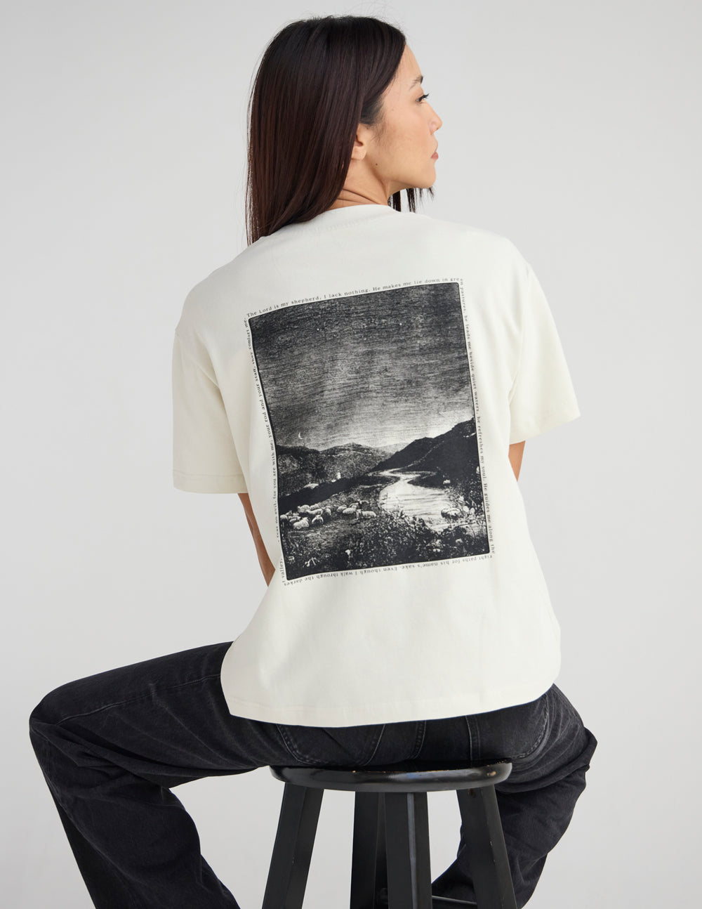 Almond Psalm 23 unisex tee with oversized fit and Psalm 23:1b scripture text
