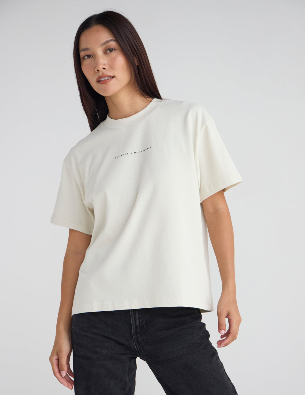 Almond Psalm 23 unisex tee with oversized fit and Psalm 23 scripture print