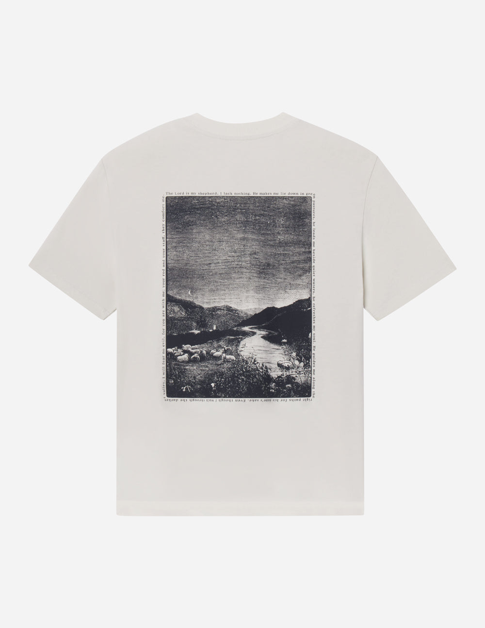 Person wearing almond Psalm 23 unisex tee with oversized fit and 100% cotton material