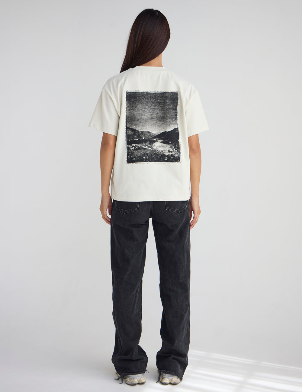 Almond Psalm 23 unisex tee with oversized fit and Psalm 23:1b scripture print