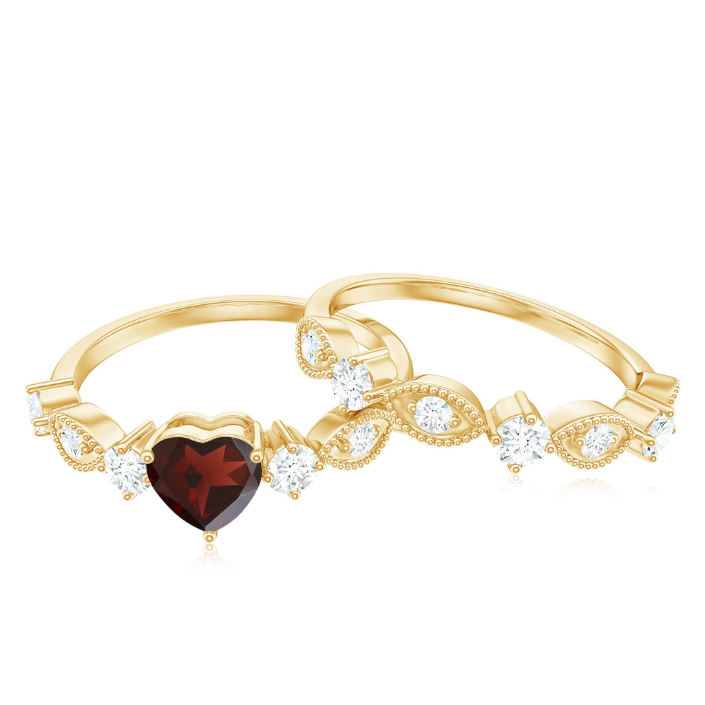 Natural Garnet Diamond Heart Engagement Ring with Wedding Band