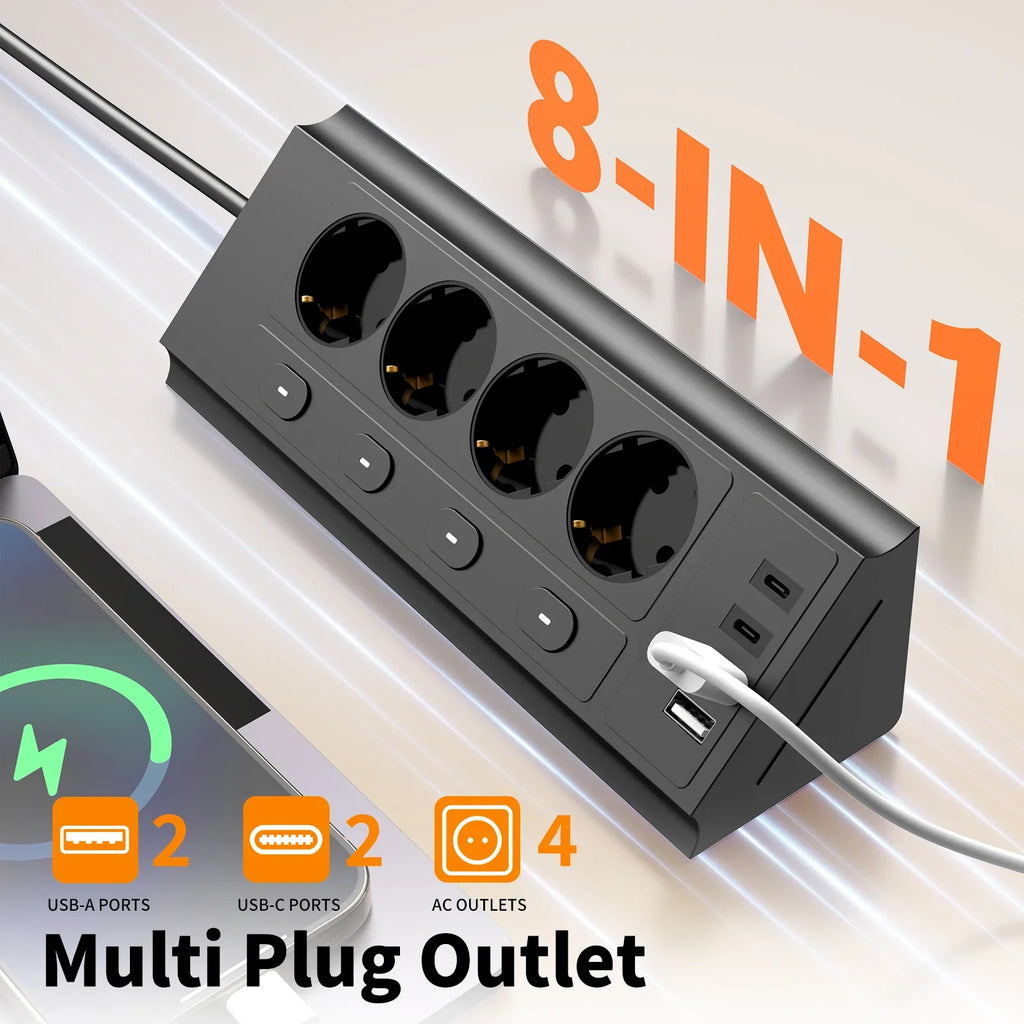 EU desktop corner power strip, a power strip with multiple switches independently controlling the outlets, extension cord power