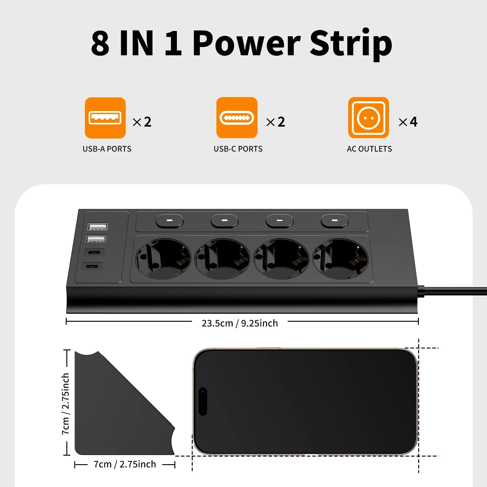 EU desktop corner power strip, a power strip with multiple switches independently controlling the outlets, extension cord power