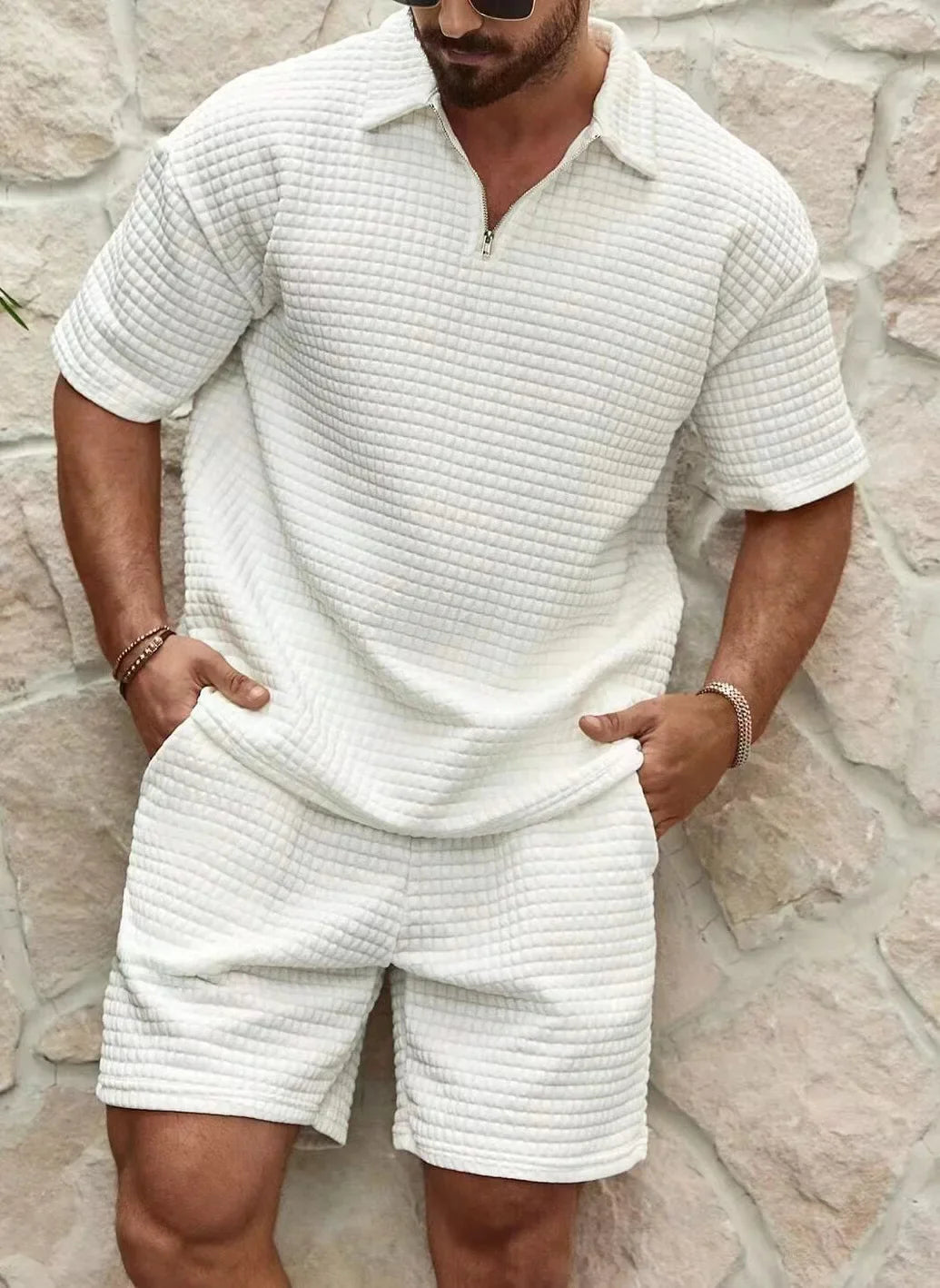 2025 Summer Men's Set New Fashionable Style Simple Waffle Color Solid Color Collar Polo Shirt Short Sleeve Shorts Sports Set