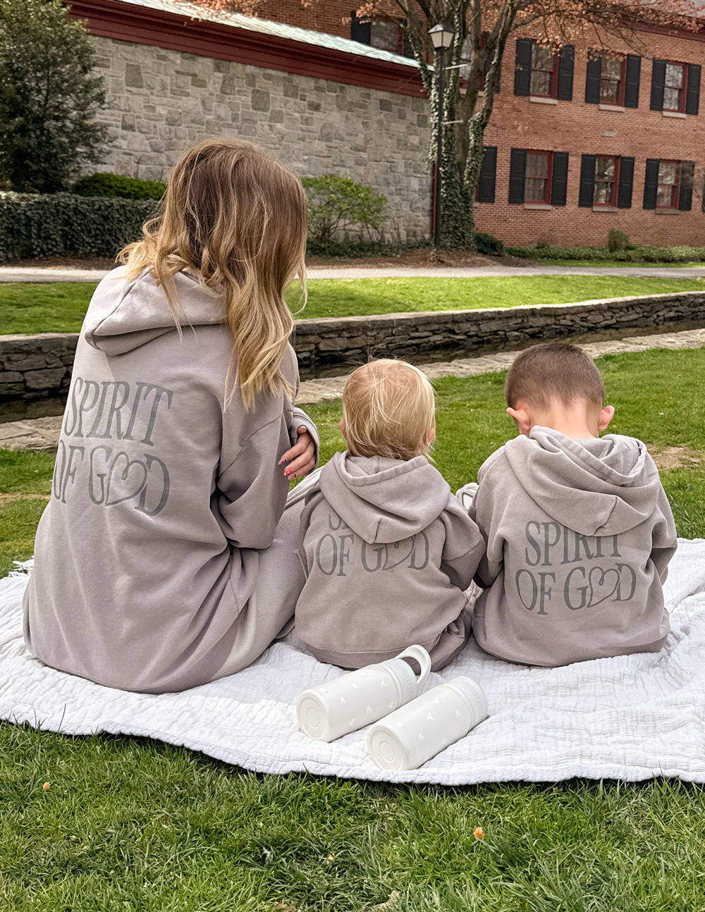 Kids wearing oversized Spirit of God hoodie in echo color, cozy and soft for cooler days