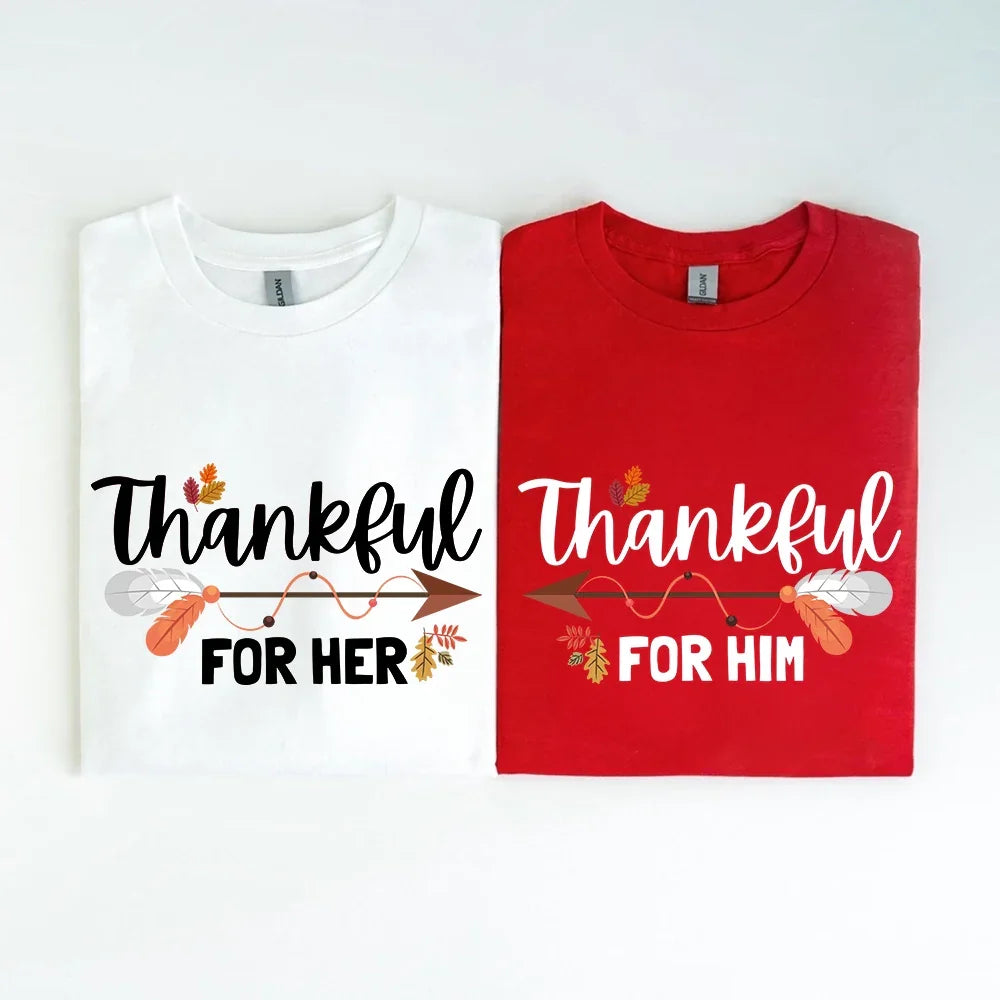 Matching Thankful For Her/Him couple Valentine's Day t-shirts with soft cotton and unisex fit